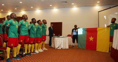 Lions indomptables du Cameroun devant le drapeau national