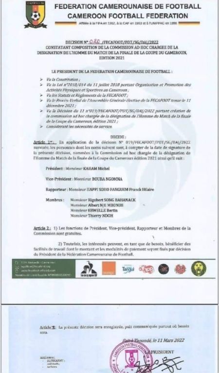 Communiqué Fécafoot signé Samuel  Eto'o  Commission Ad hoc Homme du match Finale Cameroun 2021