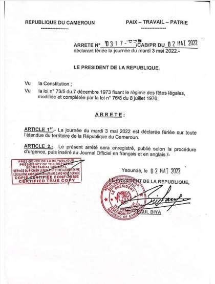 Décret Paul Biya le 3 mai jour férié