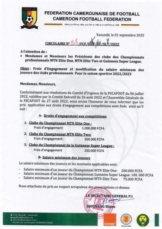 Communiqué salaires minimum es joueurs camerounais saison 2022-2023