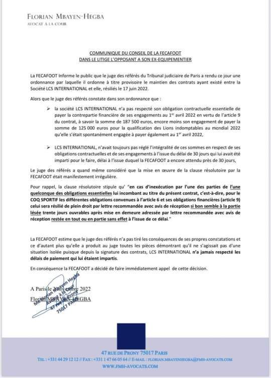 Communiqué de la Fédération camerounaise de football (Fécafoot)
