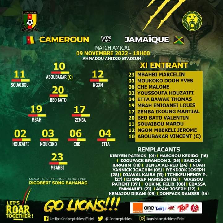 Liste des 26 Lions indomptables contre la Jamaïque