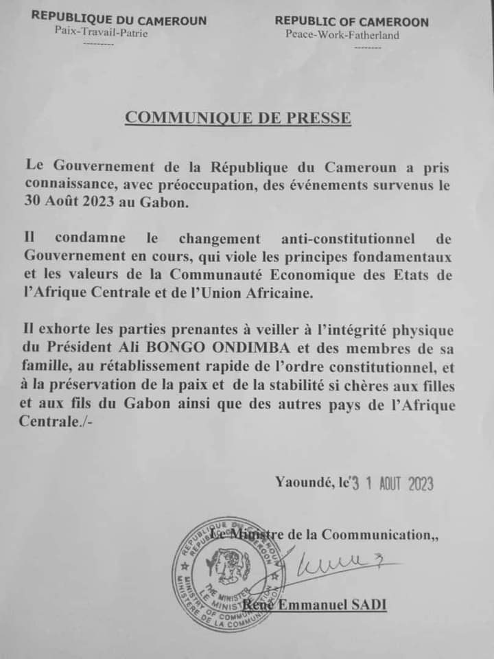 Communiqué de Presse du Gouvernement sur le coup d'Etat au Gabon