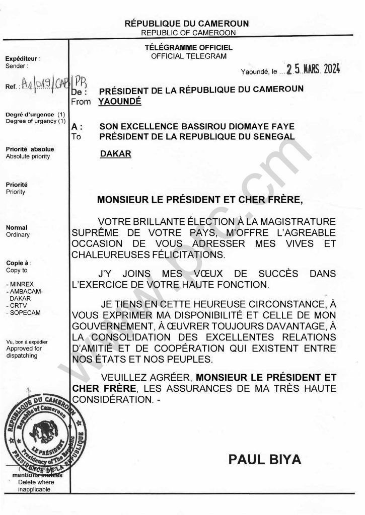 Message de félicitation du Président Paul Biya à S.E Diomaye Faye du Sénégal